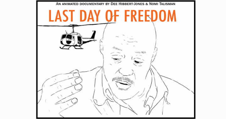 A still from Dr. Dee Hibbert-Jones' animated film, "Last Day of Freedom," depicting a line drawing of a man speaking and a helicopter in the background