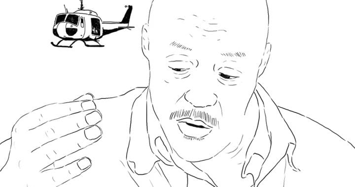 A still from Dr. Dee Hibbert-Jones' animated film, "Last Day of Freedom," depicting a line drawing of a man speaking and a helicopter in the background