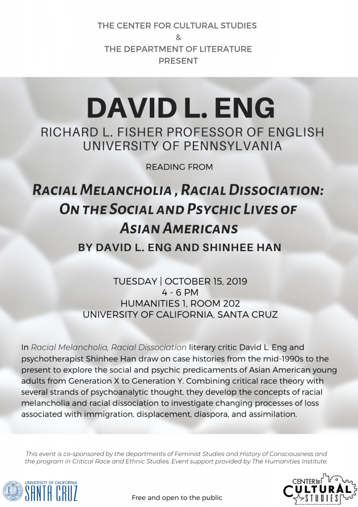 Poster with text details about David Eng's October 15 book talk. 