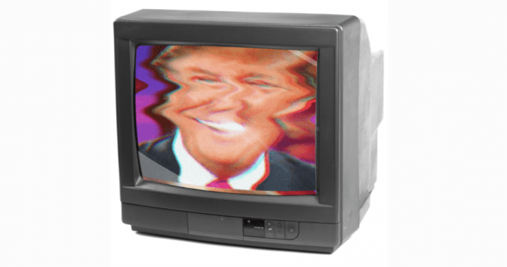photo of a television with a distorted image of Donald Trump playing