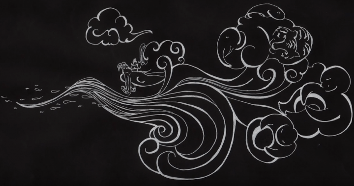 An illustration depicting clouds shaped like people