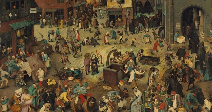 A Renaissance-era painting depicting a town square filled with people selling or carrying goods
